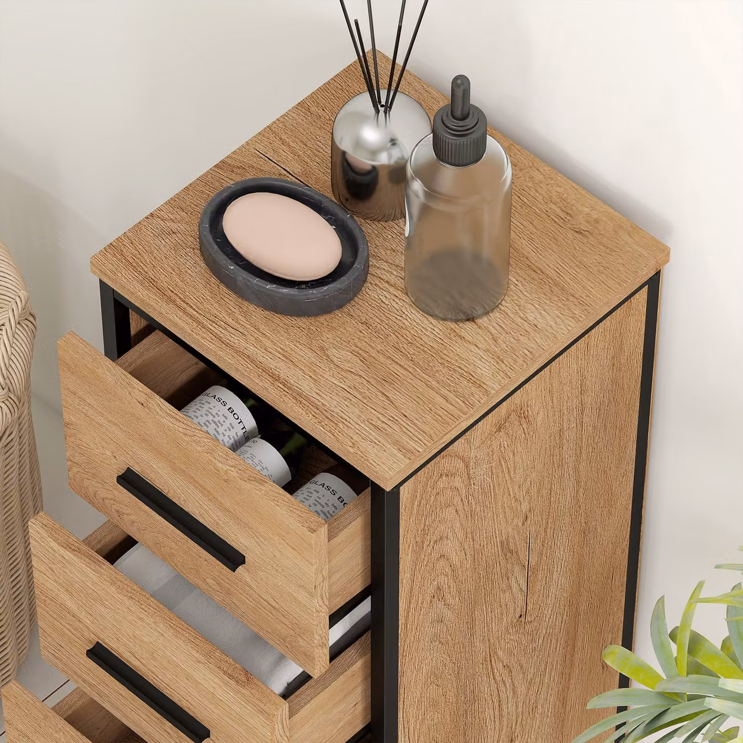 HOMCOM Narrow Bathroom Storage Cabinet with 4 Drawers in Brown and Black – 5