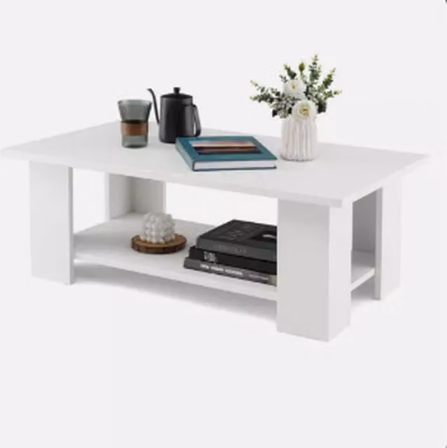 COSTWAY Modern 2-Tier Rectangular Coffee Table in White Wood