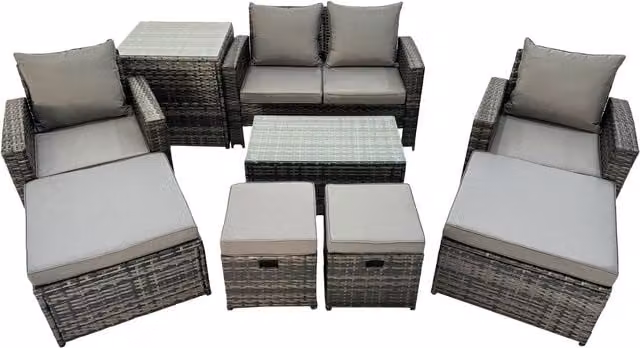 Fimous 8-Seater U-Shape PE Rattan Outdoor Sofa Set in Grey with Cushions, Coffee Table and Ottoman