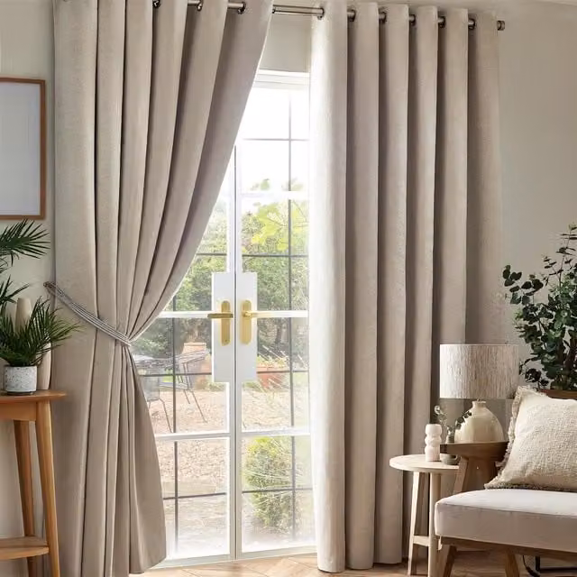 Livinluxury Beige Chenille Blackout Eyelet Curtains, W: 117 cm, H: 183 cm