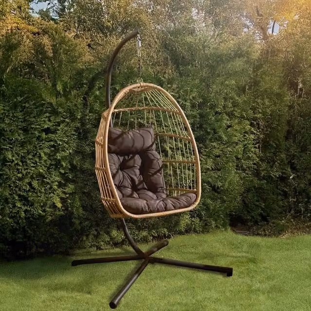 OHS Hanging Egg Chair with Beige Cushion in Natural Rattan Style