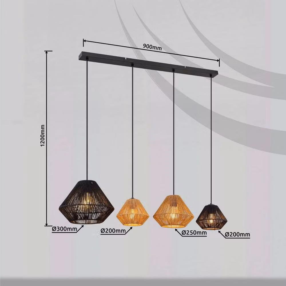 Netlighting Houdini Bar Pendant Light in Black and Beige with Natural Ropes, 4x E27, H 120 x W 103 x D 30 cm – 5
