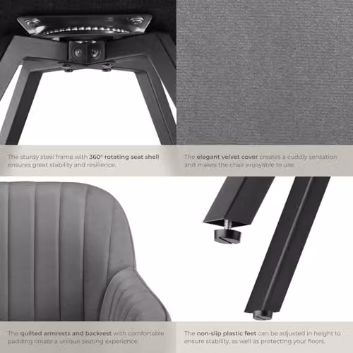 tectake Grey Velvet Swivel Armchair with Tub Design and Armrests – 6
