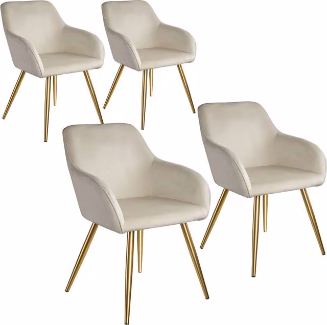 Tectake Set of 4 Marilyn Dining Chairs in Beige Velvet-Look Fabric with Gold Metal Legs and Armrests