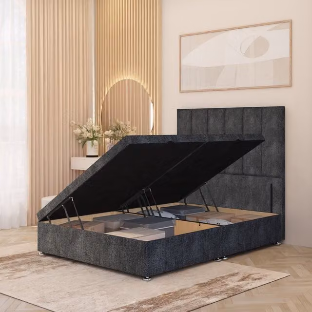 Somnior Beds Ltd Austin Modern Ottoman Bed with Floor Standing Headboard in Charcoal Grey Fabric and Solid Wood, W/D/H: 120 x 200 cm