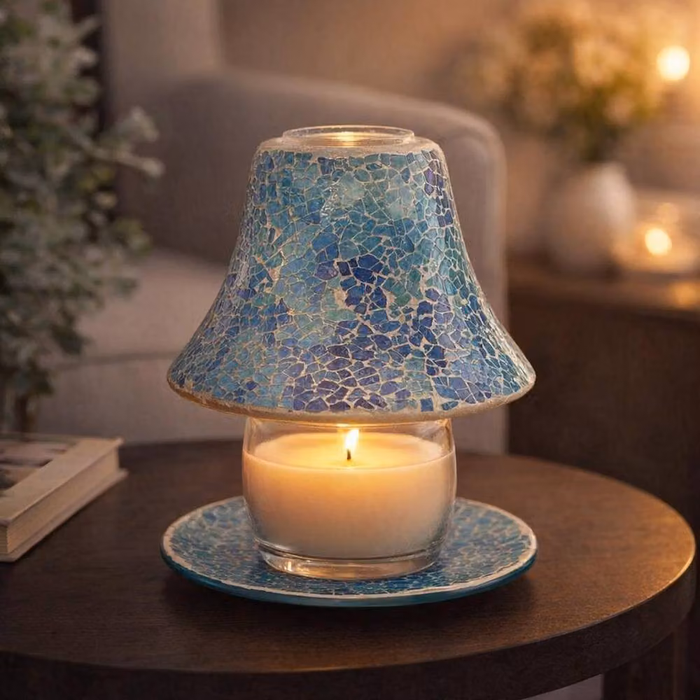 Aroma Accessories Blue Azure Crackle Glass Candle Shade and Tray Set – 2