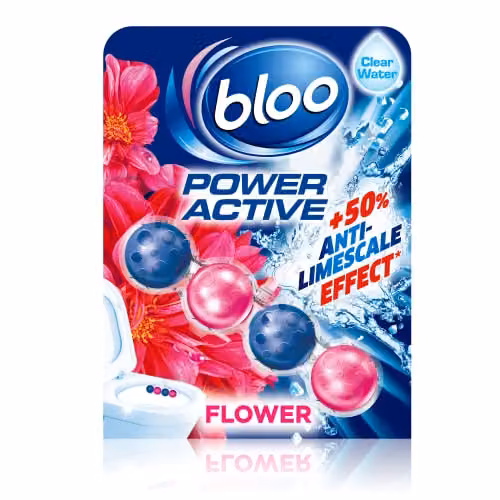 Bloo Power Active Toilet Rim Block Fresh Flowers with Anti-Limescale and Cleaning Foam, Multicolour