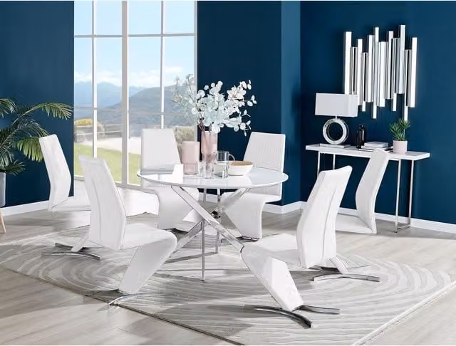 FurnitureboxUK Novara White High Gloss Round Dining Table with 6 Willow Chairs