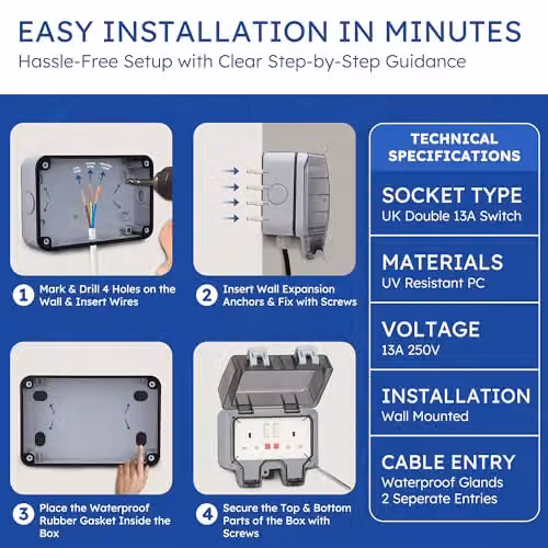 Desiretech Outdoor Double Switched Socket with 10m Cable, IP66 Waterproof, Grey – 6