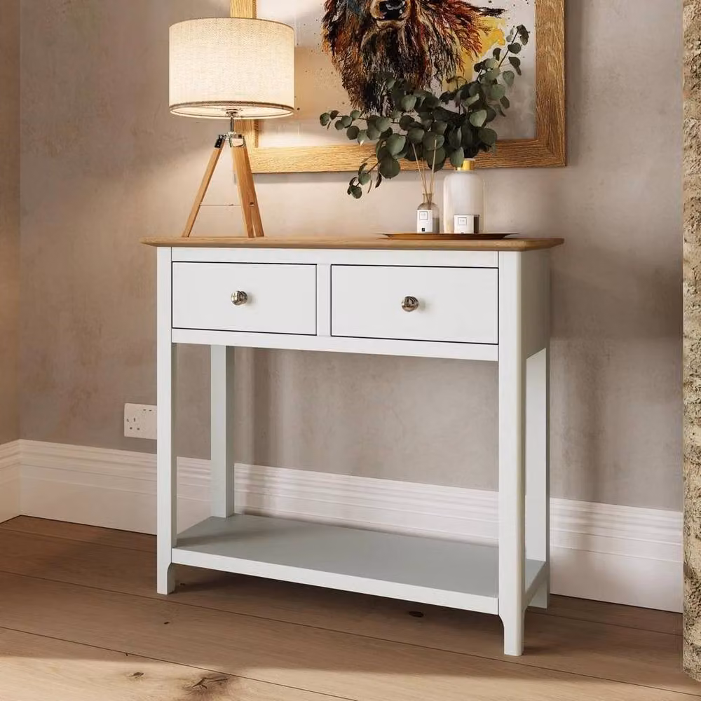 KORVIXA 2 Drawer Solid Oak Console Table in White Finish, Width: 100 cm – 2