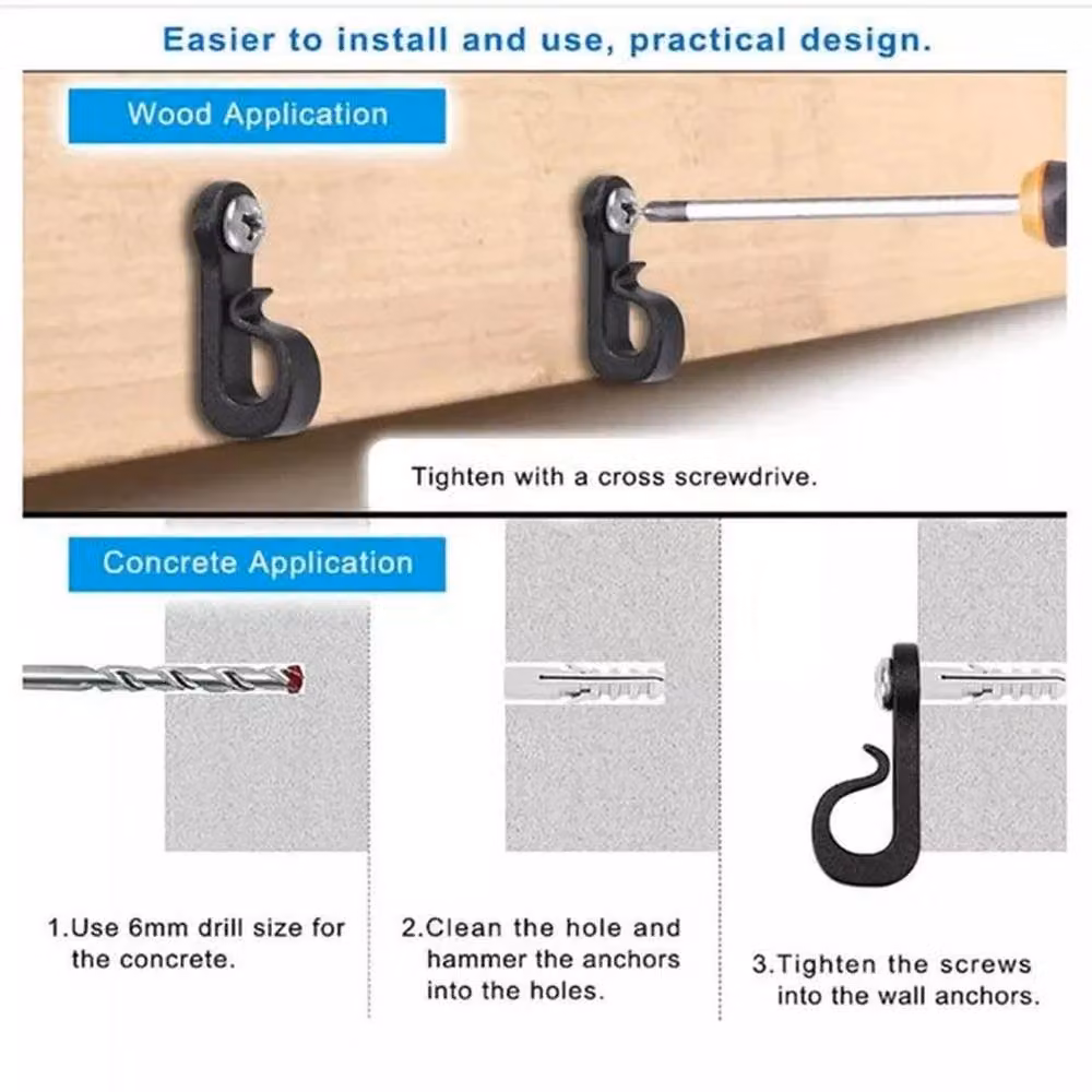 SPETLEK Q-Hanger Black ABS Plastic Screw-in Wall Hooks for String Lights and Garage Storage, W: 100 cm, H: 40 cm – 3