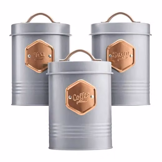 Cooks Professional 3-Piece Tea, Coffee and Sugar Airtight Storage Canister Set in Grey with Copper Labels – 2