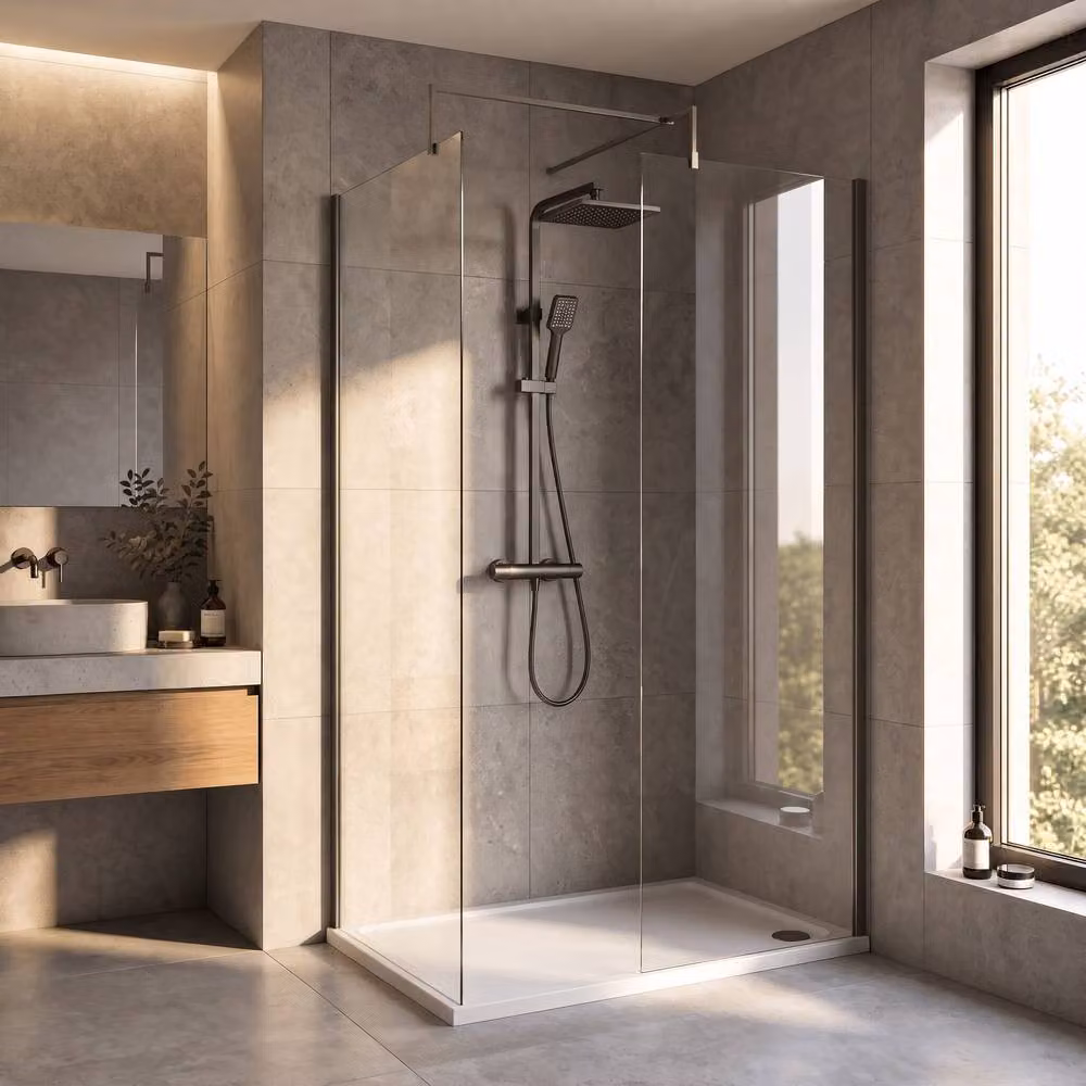 Balterley Gunmetal Walk-In Wetroom Shower Bundle with Rectangular Glass Tray and Fixed Panel, Silver and Grey, W: 120 cm, D: 70 cm – 2