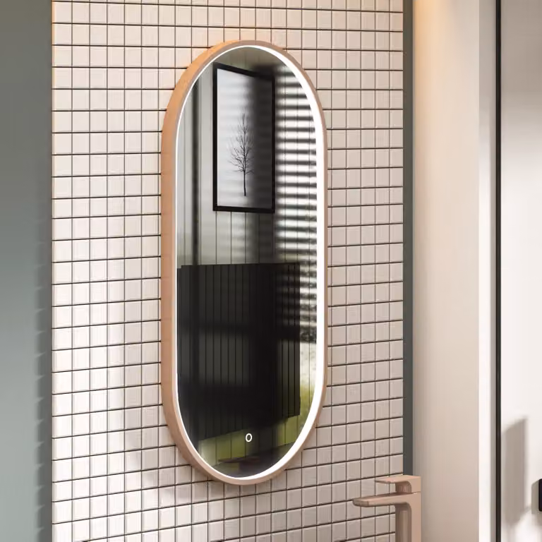 Royal Bathrooms Luxor Capsule Mirror with Brushed Bronze Frame, LED Light, Touch Sensor and Demister Pad, W: 45 cm, H: 90 cm