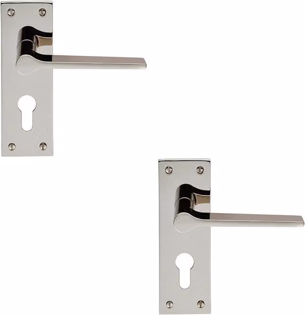 Loops 2x Pair Flat Straight Lever on Slim Euro Lock Backplate, Nickel, W: 150 mm, H: 50 mm