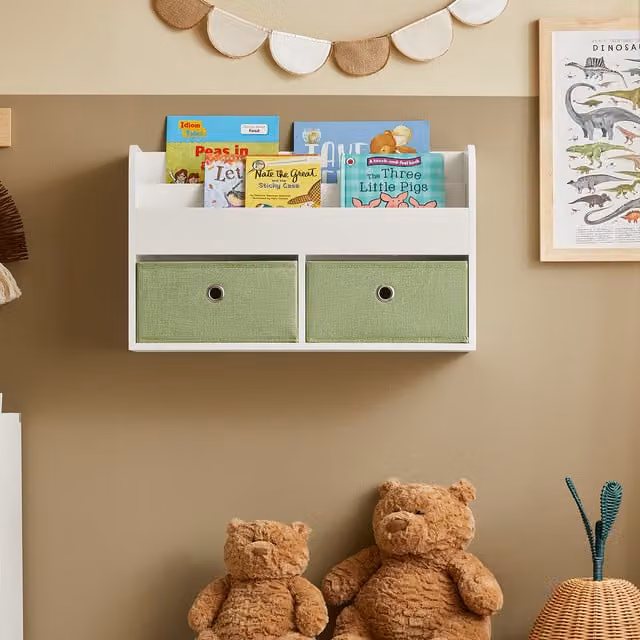SoBuy Childrens Wall Mounted Book Storage Shelf with 2 White Fabric Boxes