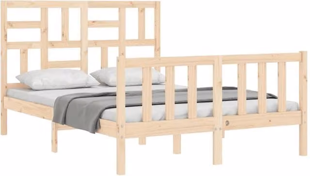 Berkfield Home Beautiful Bed Frame with Headboard in Natural Solid Pine, W/D/H: 140 x 190 x 104 cm – 1