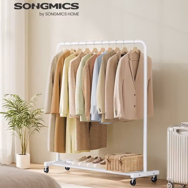 SONGMICS White Metal Clothes Rack with 2 Lockable Wheels