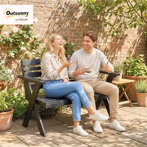 Outsunny 2 Seater Modern Lacquered Wood Garden Bench with Armrests, Black, W/D/H: 115 x 64 x 80 cm – 2