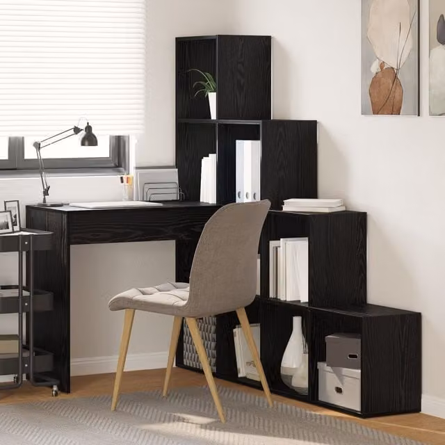Berkfield Home Modern Corner Desk with Storage Shelf in Black Oak, W/D/H: 149.5 x 101.5 x 149.5 cm