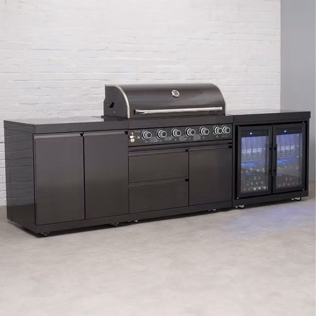 Draco Grills Black Stainless Steel Outdoor Gas Kitchen with Granite Worktop and Double Fridge Cabinet