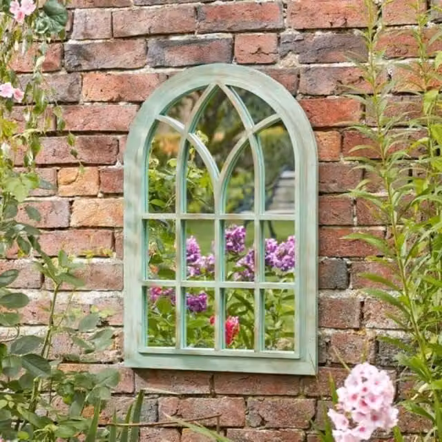Annibells Large Green Verdigris Arched Window Style Vintage Wall Mirror