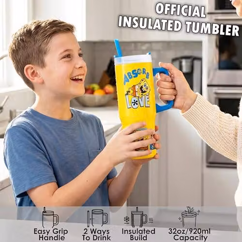 Get Trend SpongeBob SquarePants Insulated Stainless Steel Tumbler with Straw and Handle, Yellow, 920ml – 2
