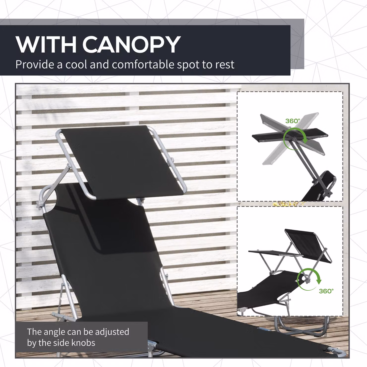 Outsunny Black Reclining Sun Lounger with Sun Canopy and Adjustable Headrest, W/D/H: 120 x 58 x 36 cm – 6