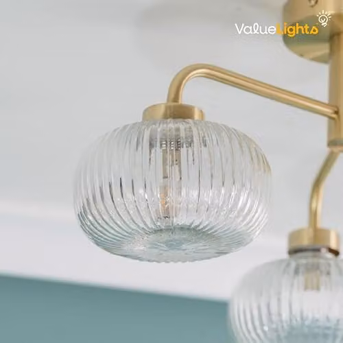 ValueLights Gold 3 Way Ceiling Light Fitting with Clear Ribbed Glass Lampshades and Included Bulb – 2