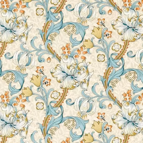 William Morris Golden Lily Floral Cotton and Linen Fabric in Teal Blue
