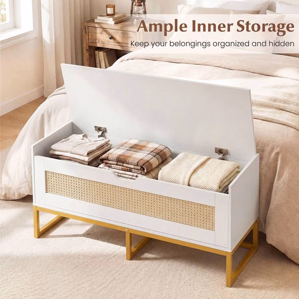 Costway Modern Rattan Storage Chest in White and Gold with Removable Top Pad – 2