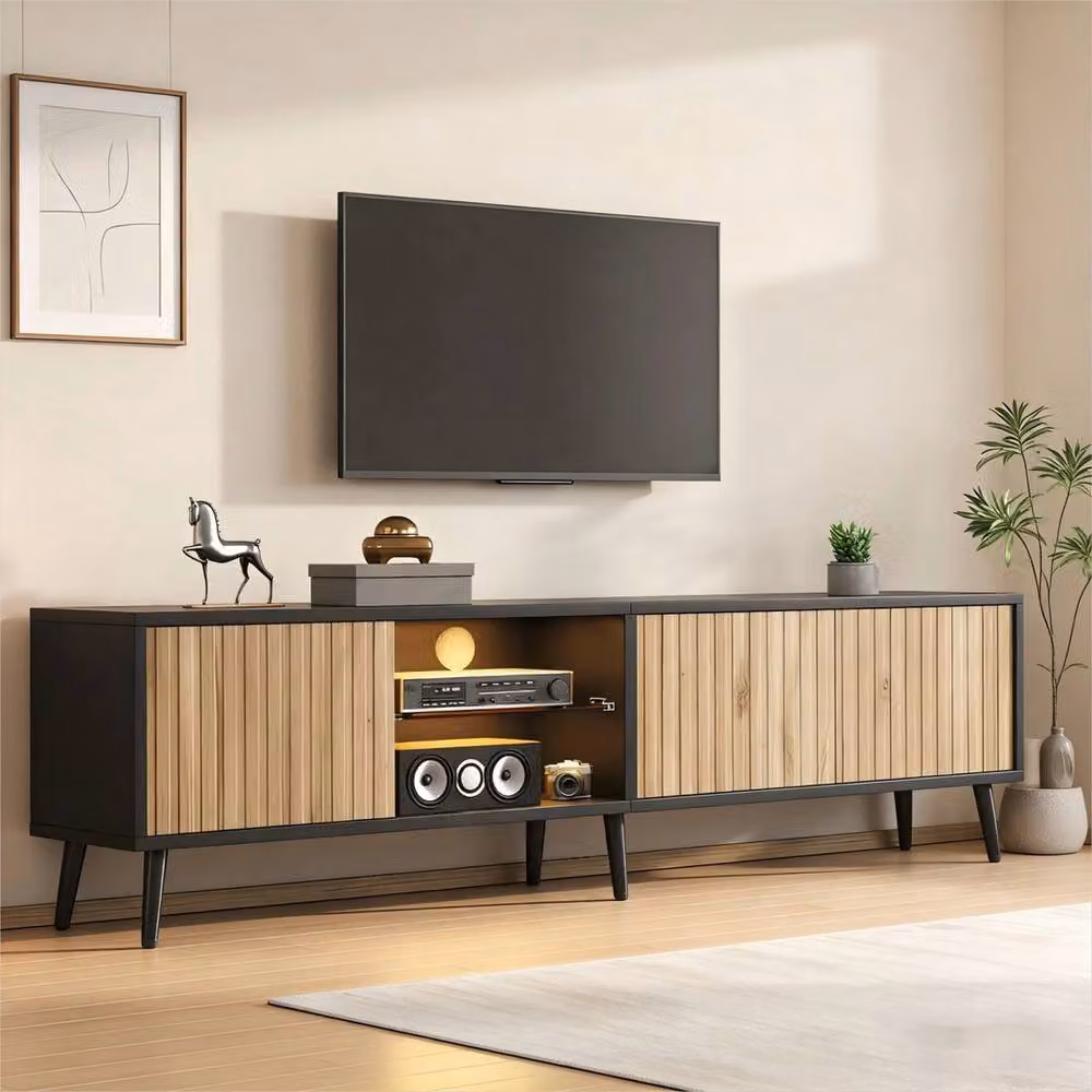 ERGOVEXA Mid-Century Modern Entertainment Centre with Wood Grain Doors and Integrated Lighting in Black and Multicolour – 4