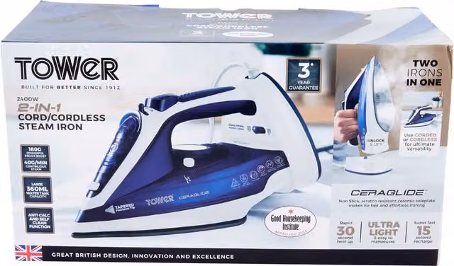 Tower 2 in 1 Ceraglide Cordless Steam Iron 2400W Blue with Ceramic Soleplate