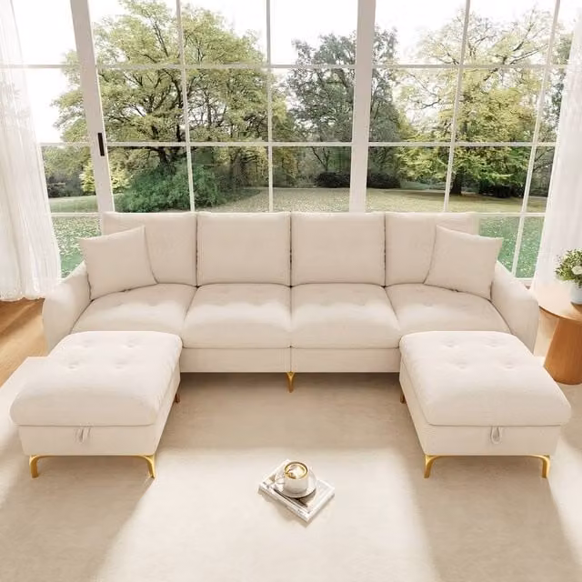 Merax Reversible U-Shaped Modular Corner Sofa with 2 Matching Storage Ottomans in Beige Fabric with Gold Metal Legs