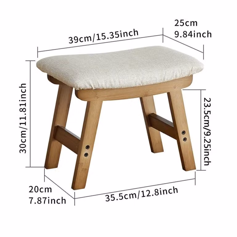 KORVIXA Bamboo Footstool with Soft Beige Fabric Cushion, W/D/H: 100 x 100 x 100 cm
