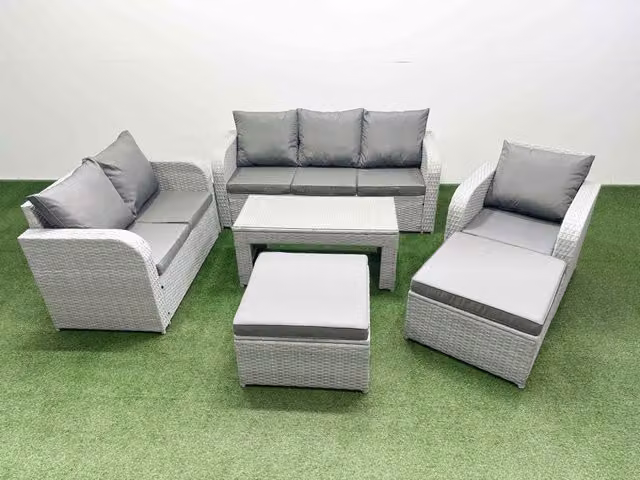Fimous Patio 8 Seater Grey PE Wicker Rattan Outdoor Furniture Set with Coffee Table, 3 Seater Sofa, 2 Seater Sofa and Reclining Chairs