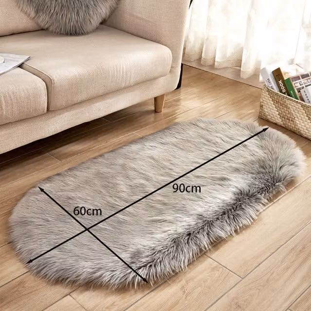 Livingandhome Grey Oval Faux Fur Shaggy Area Rug