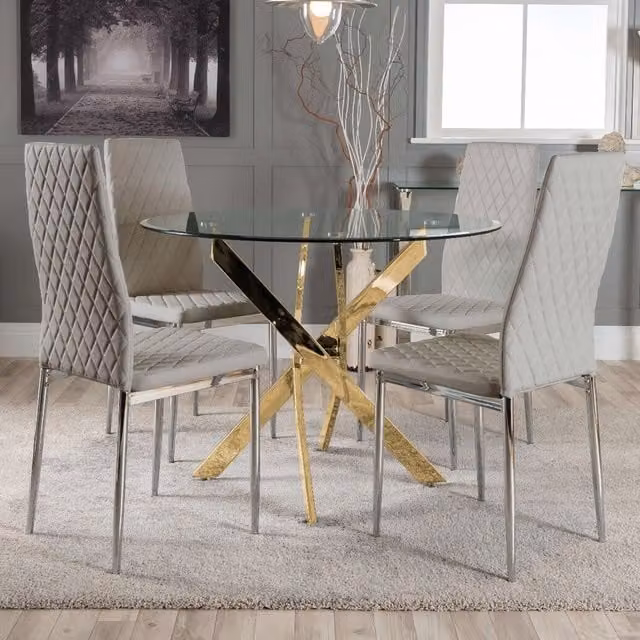 FurnitureboxUK Novara Dining Table with Four Milan Dining Chairs in Grey and Gold