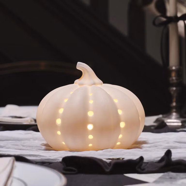 Lights4fun White Ceramic Pumpkin LED Light for Autumn and Halloween Decoration, H 17 cm x W 17 cm x D 14 cm