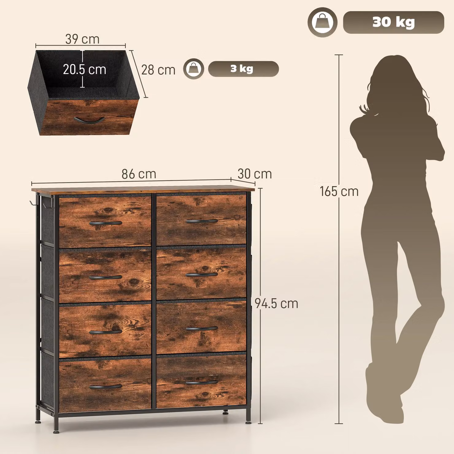HOMCOM Brown Fabric Chest of Drawers with Metal Frame for your Bedroom – 3