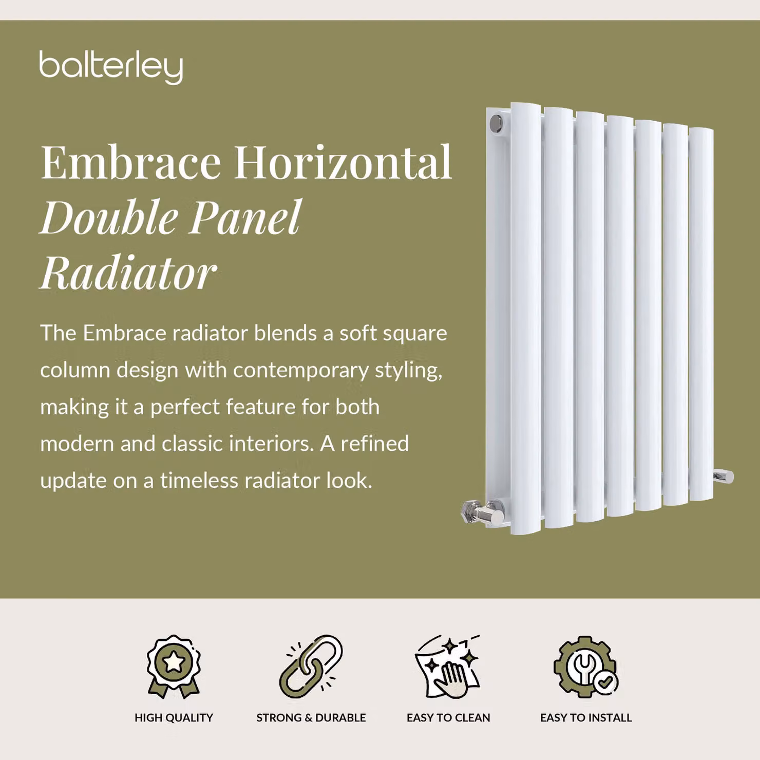 Balterley Embrace Horizontal Double Panel Radiator, White, W: 600 mm, H: 412 mm, D: 41.2 mm – 2