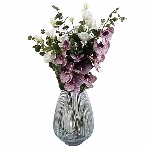 Leaf Design Mixed Purple, White and Grey Artificial Orchids and Roses in a 70cm Grey Glass Vase