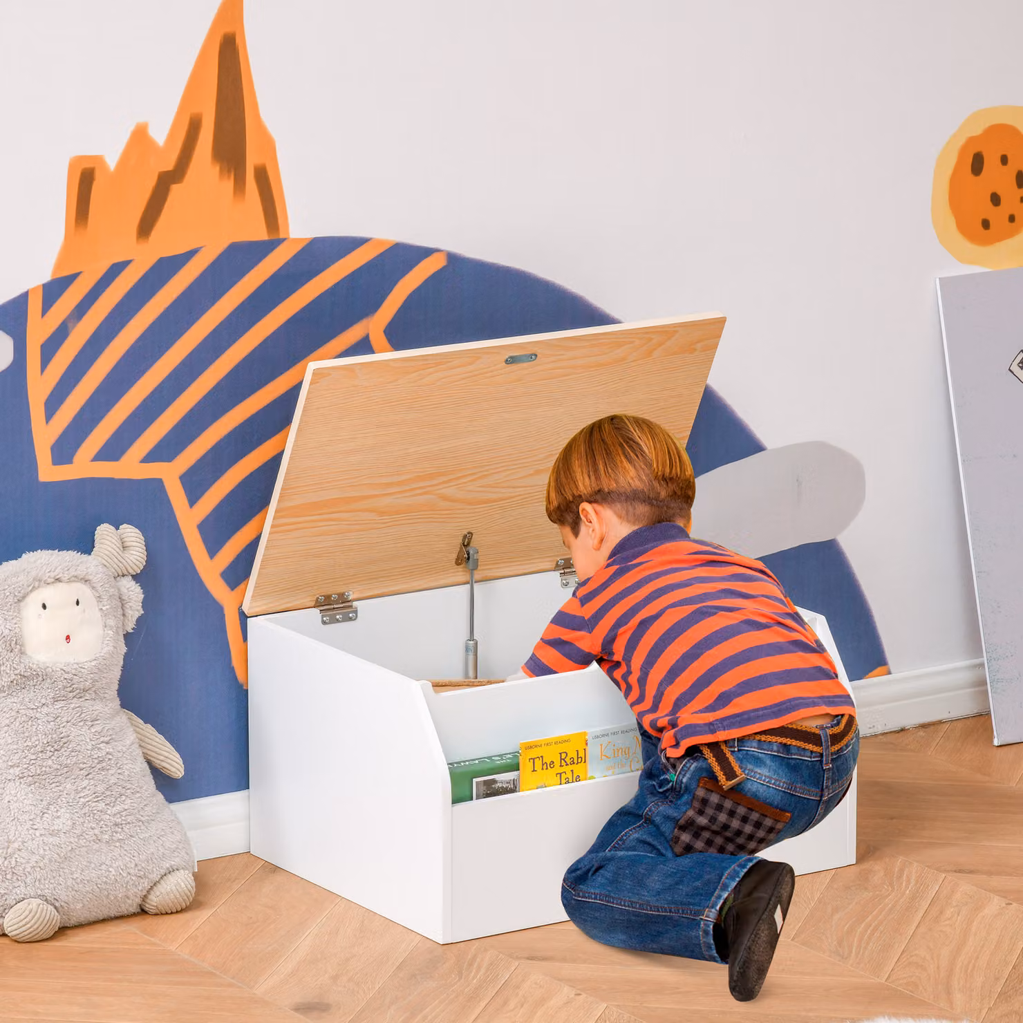 HOMCOM White Wooden Toy Storage Organizer with Book Slot and Soft-Close Lid – 2