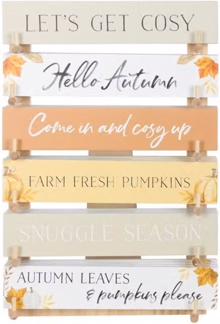 KDMK Autumn Block Signs Set with Wooden Tabletop Display, Multicolour Rustic Floral Decor