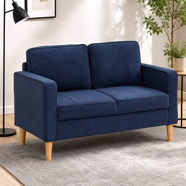 STILVORA Two Seater Blue Corduroy Upholstered Sofa with Storage and Solid Wood Frame W/D/H: 117 x 79 x 46.5 cm