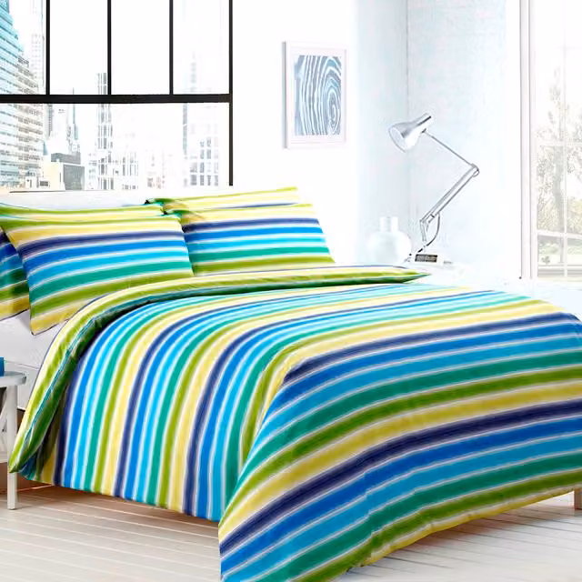 Velosso Blue and Multicolour Striped Polycotton Duvet Cover and Pillowcase Set