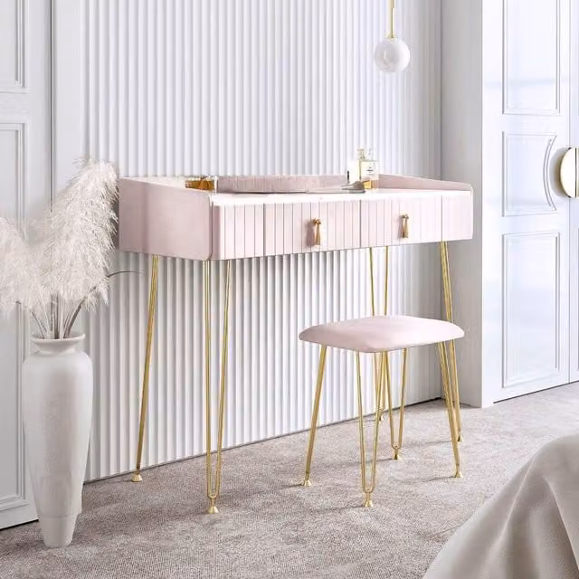 CARME HOME Tokyo Glow Ballerina Pink Quilted Velvet Dressing Table with LED Mirror and Matching Stool Set