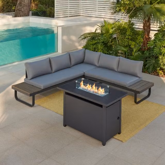 GRS Roman Aluminium L-Shape Garden Sofa Set with Optional Fire Pit Table in Grey and White