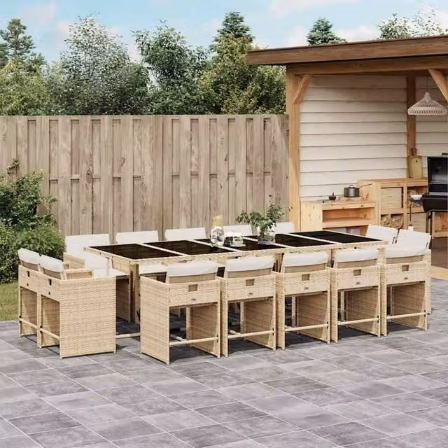 Berkfield Home Garden Dining Set in Beige PE Rattan with Glass Top