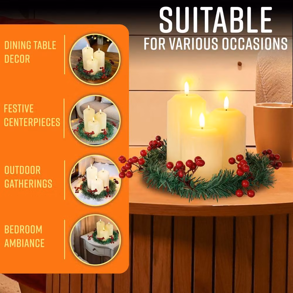 Globrite 3-Pack Flickering Flameless LED Candles with Berry Wreath Christmas Decorations in Beige, White and Multicolour – 6